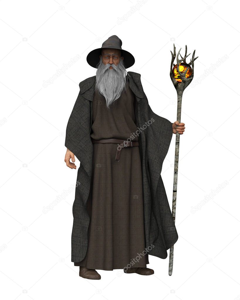 Old wizard with long beard wearing grey robes and hat, standing with a magic staff. 3D illustration isolated on a white background.
