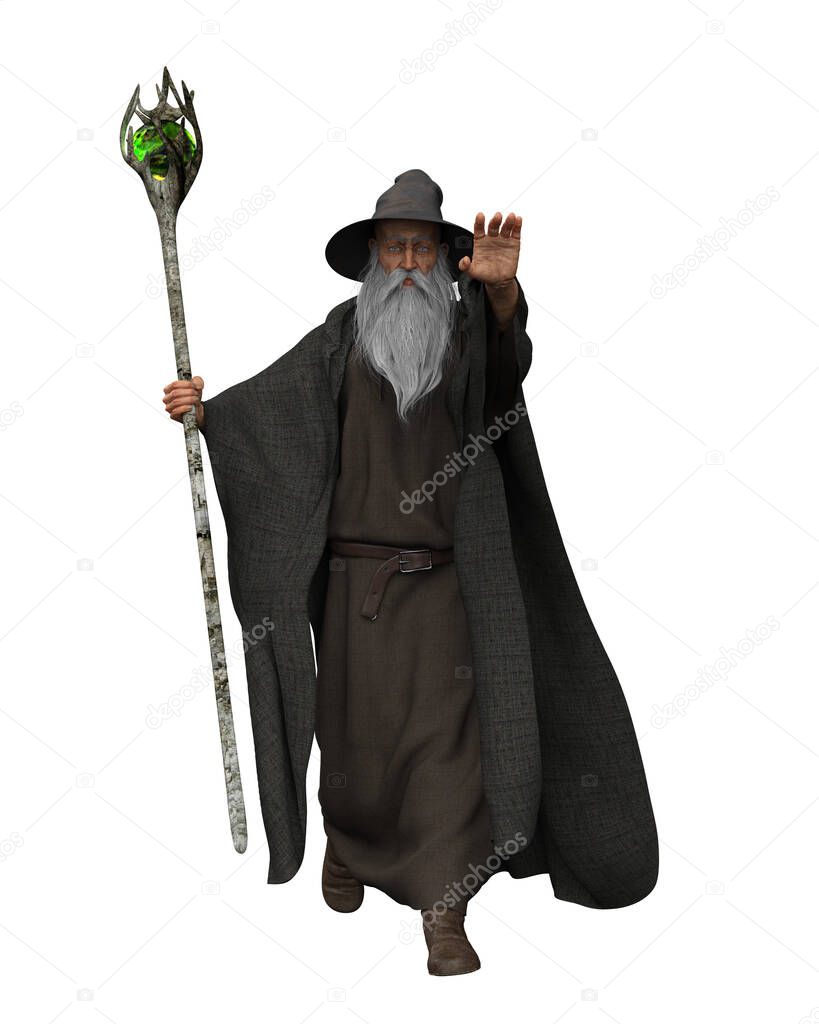Old wizard wearing grey robes and hat, walking towards the viewer with left arm raised. 3D illustration isolated on a white background.