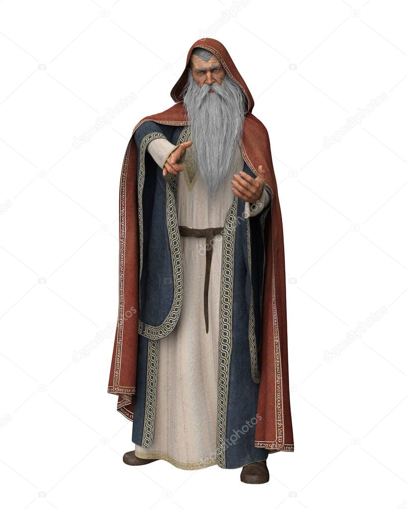 Old wizard in long robes and hooded cloak preparing to cast a spell. 3D illustration isolated on a white background.