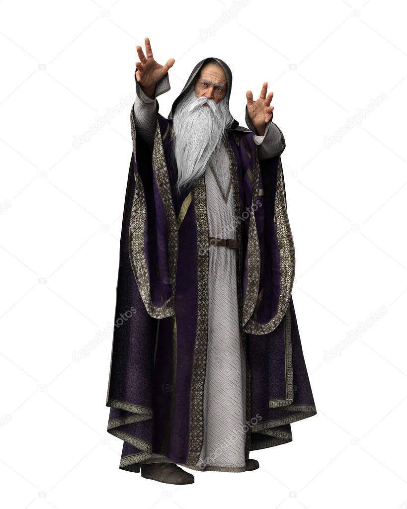 Wise old wizard in purple robes using magic. 3D illustration isolated on a white background.