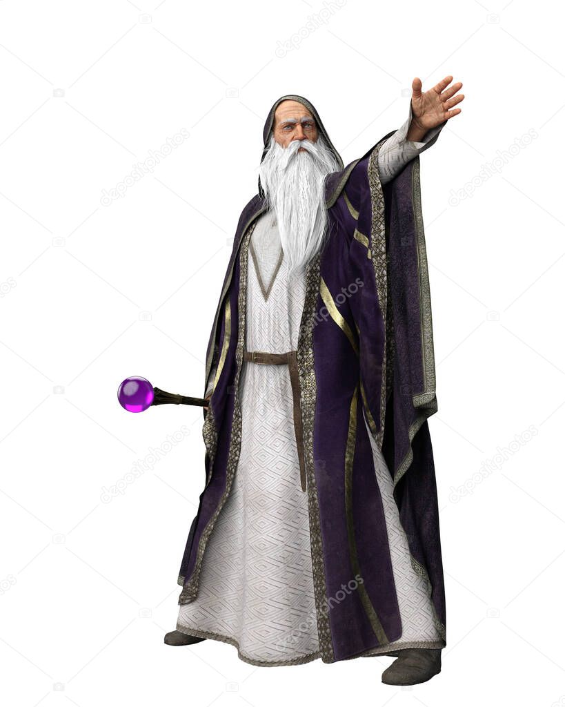 Old wizard with white beard wearing purple costume and hold a staff. 3D illustration isolated on a white background.