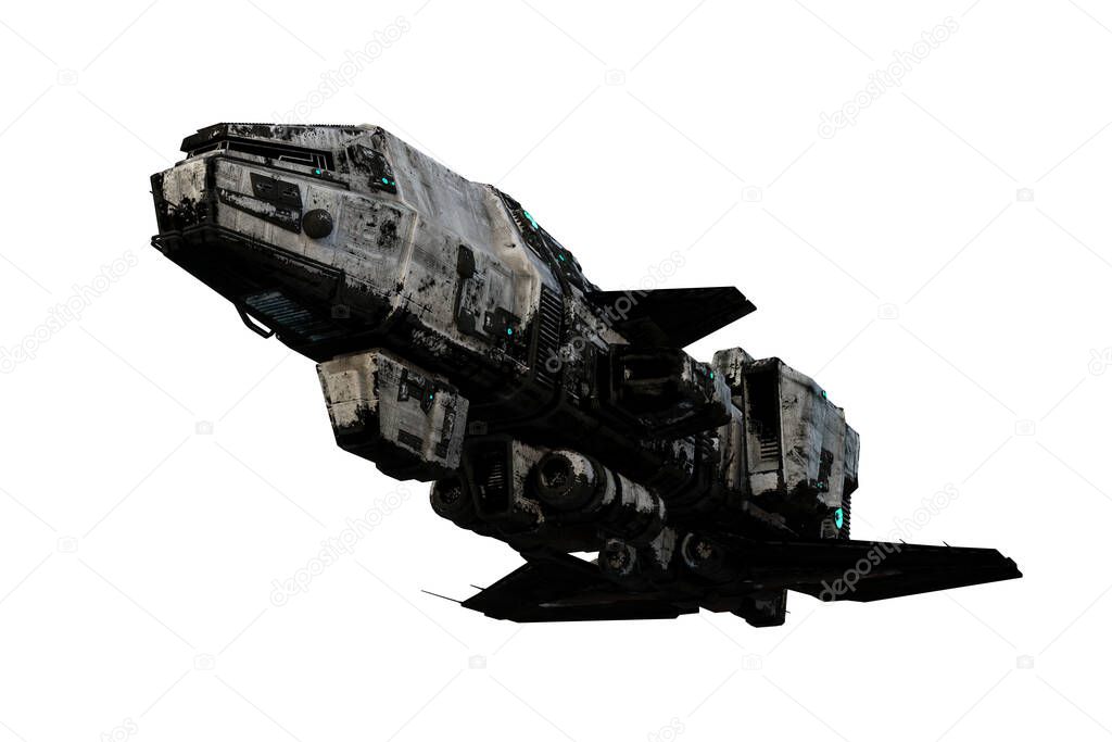 Under side view of a dirty white coloured futuristic space craft. 3D illustration isolated on a white background.