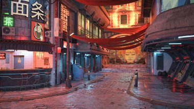Gece vakti fast food barı ve neon ışıkları ıslak yola yansıyan Cyberpunk şehir caddesi. Fotoğraf gerçekçi 3D görüntüleyici.