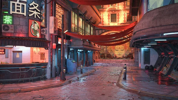 Cyberpunk City Street Natten Med Snabbmatsbar Och Neonljus Reflekteras Den — Stockfoto