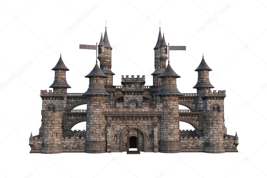 Large old fairytale castle. 3D illustration isolated on a white background.