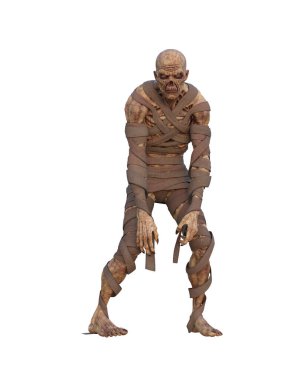 Fantezi zombi mumya canavarı izleyiciye doğru yalpalıyor. Beyaz arkaplanda izole edilmiş 3d illüstrasyon.