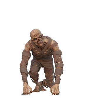 Yerde sürünen fantezi zombi mumya canavarı. Beyaz arkaplanda izole edilmiş 3d illüstrasyon.