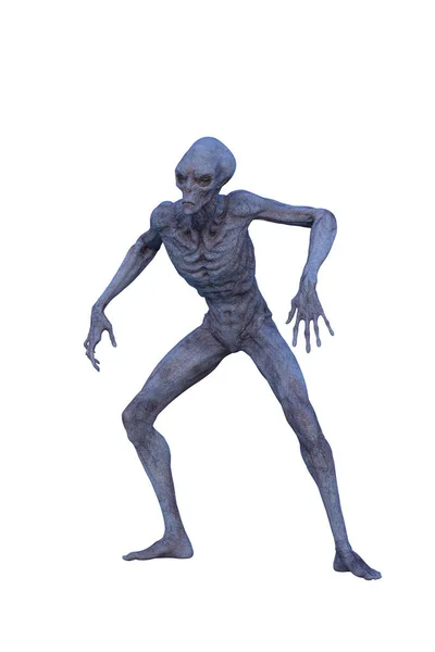 青い灰色の肌のエイリアンの男が曲がった足と腕で立っている 白い背景に隔離された3Dレンダリング — ストック写真