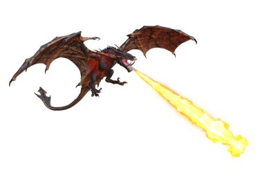 Yeşil Ejder ya da Wyvern fantezi yaratığı aşağı doğru uçuyor ve ateş püskürtüyor. Beyaz arkaplanda izole edilmiş 3B illüstrasyon. 