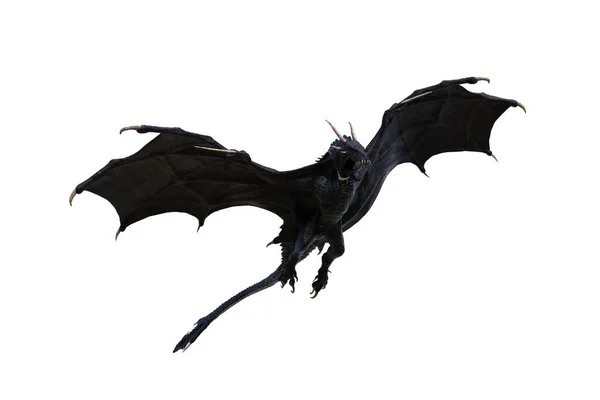 Black Dragon Wyvern Fantasy Creature Flying Wings Spread Mouth Wide — Stock Photo, Image