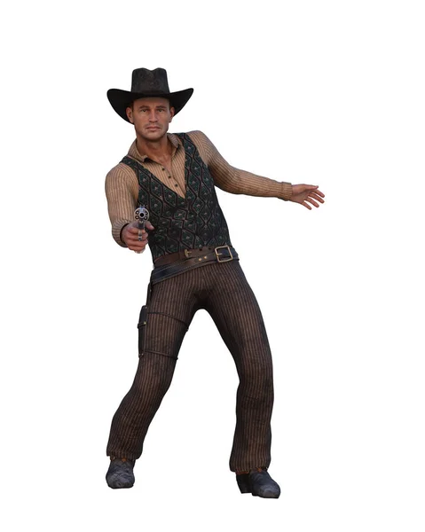 Homem Roupas Vintage Wild West Com Chapéu Cowboy Com Pistola — Fotografia de Stock