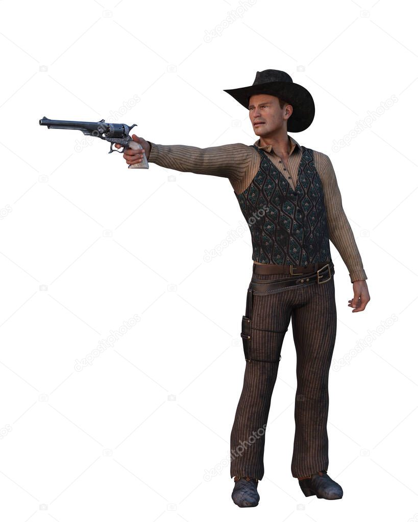 Man in vintage wild west clothes with cowboy hat shooting a hand gun to the left. 3D illustration isolated on a white background.