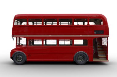 Çift katlı klasik bir Londra otobüsünün yan görüntüsü. Beyaz arkaplanda izole edilmiş 3B illüstrasyon.