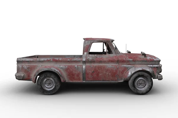 Sidovy Över Rostig Gammal Vintage Röd Pickup Illustration Isolerad Vit — Stockfoto