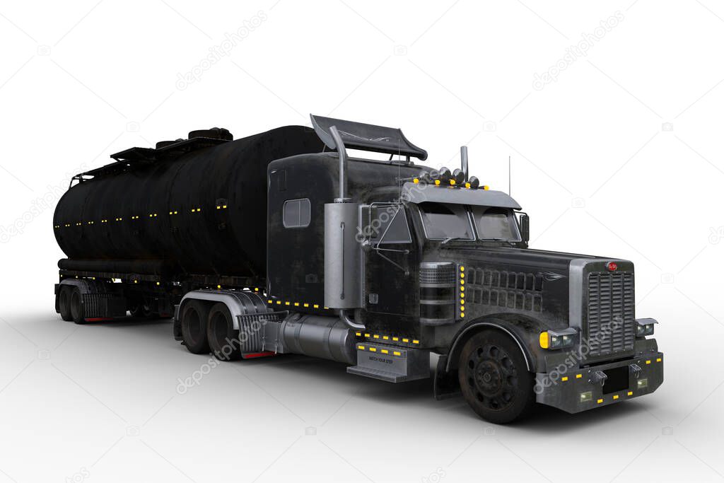 Dirty black articulated gas fuel container truck. 3D illustration isolated on a white background.