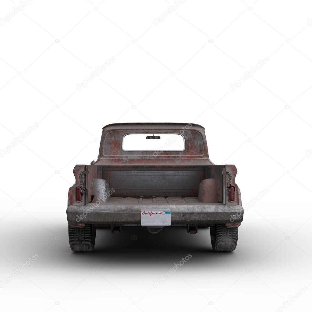 Rear view of an old rusty vintage red pickup truck. 3D illustration isolated on a white background.
