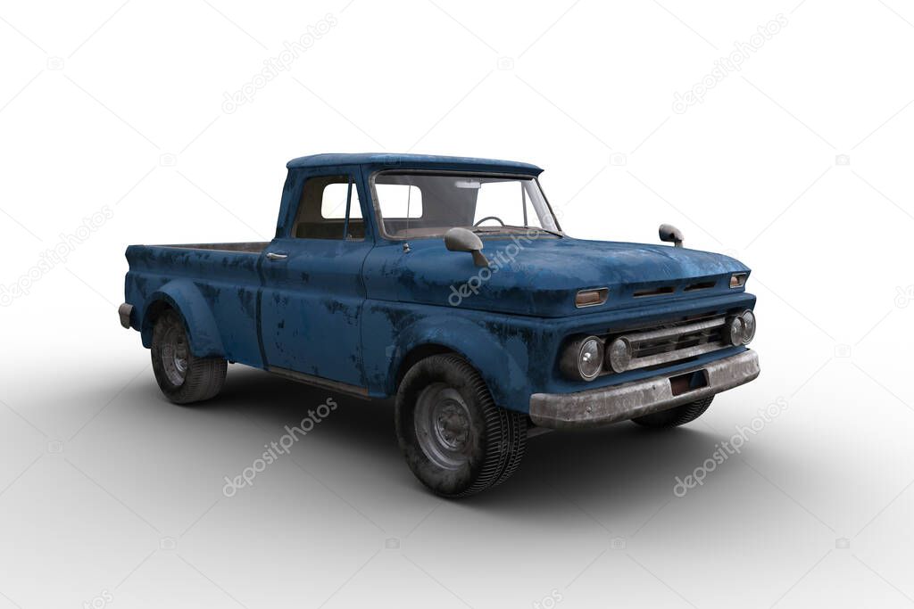 Old dusty vintage blue pickup truck. 3D illustration isolated on a white background.