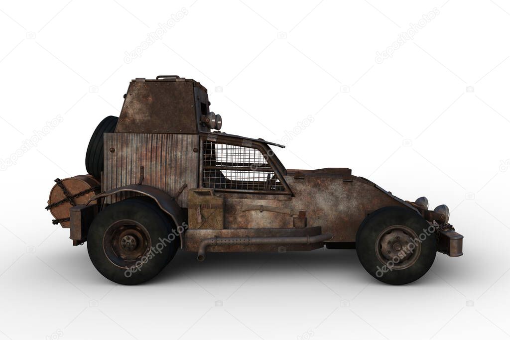 Post apocalyptic concept car covered with rusty corrugated iron protection. Side view 3D illustration isolated on a white background.