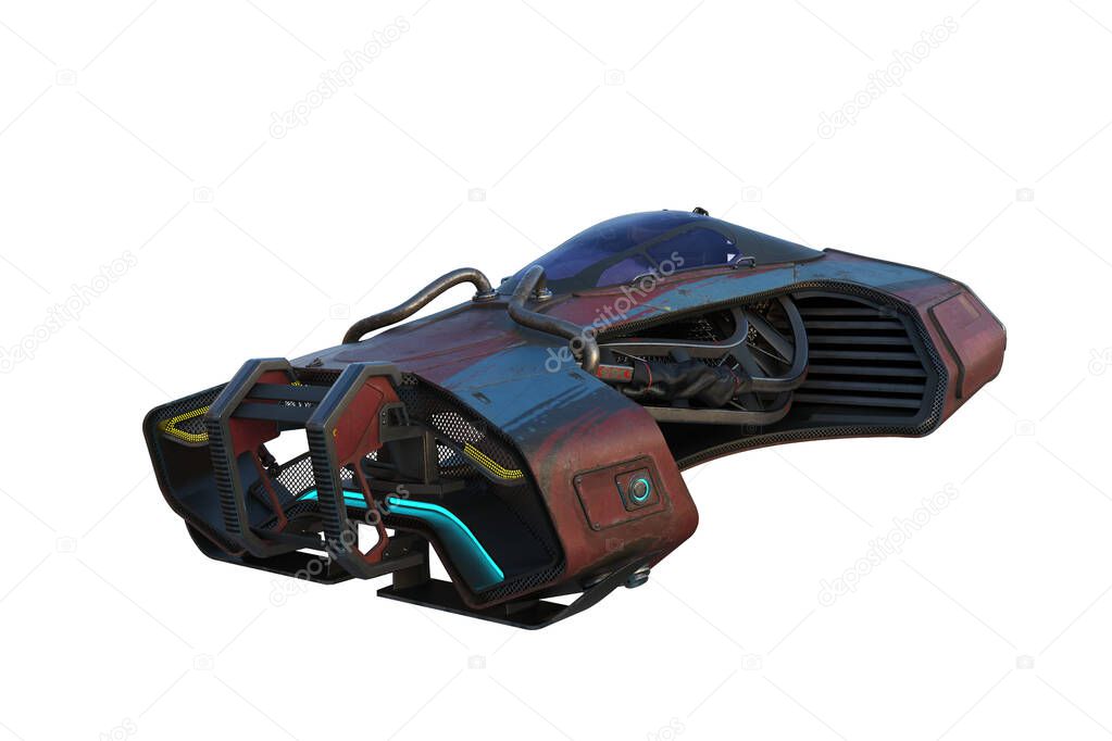 Futuristic science fiction flying car. Corner perspective view 3D illustration isolated on a white background.