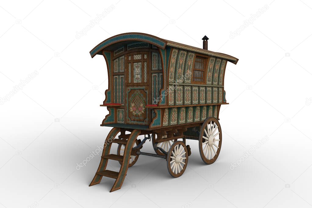 Vintage Romany gypsy caravan decorated with turquoise and green flower designs parked with steps leading to the door. 3D illustration isolated on a white background.