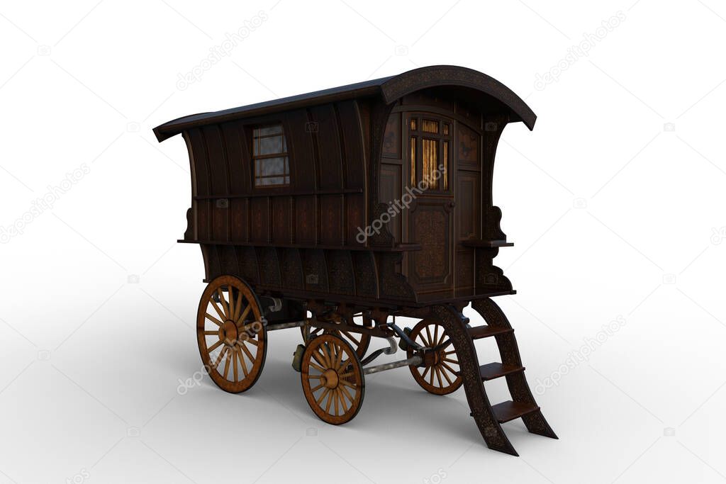 Vintage wooden Romany gypsy caravan parked with steps leading to the door. 3D illustration isolated on a white background.