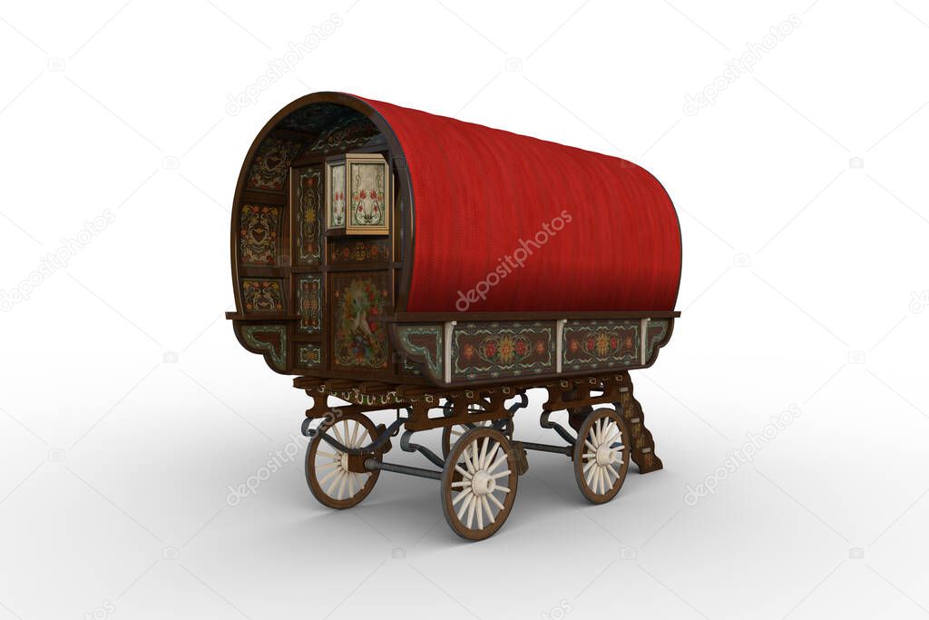 Rear view of a traditional Romany gypsy caravan with red roof. 3D illustration isolated on a white background.