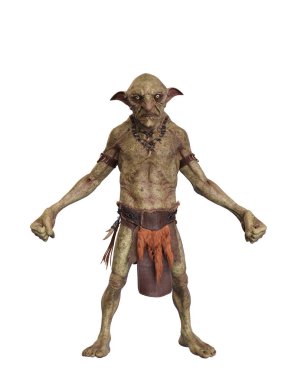 Cin ayakta dikilip kameraya kızgın yüzüyle ve sıkılmış yumruklarıyla bakıyor. 3d illüstrasyon beyaz arkaplanda izole edildi.