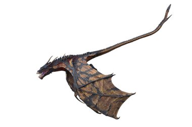 Wyvern ya da Ejderha fantezi yaratığı ağızları açık aşağı uçarken görülmüş. 3B illüstrasyon beyaz üzerine izole edildi.