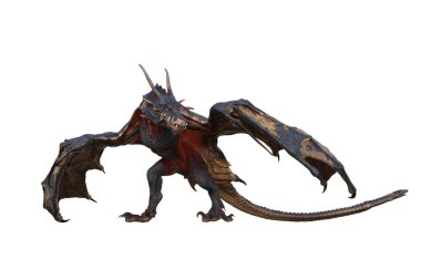 Wyvern ya da Ejderha fantezi yaratığı tehditkar bir şekilde yürüyor. 3B illüstrasyon beyaz üzerine izole edildi.