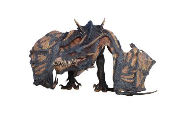 Wyvern ya da Ejderha fantezi yaratığı ayakta ve kanatları katlanmış şekilde bakıyor. 3B illüstrasyon beyaz üzerine izole edildi.