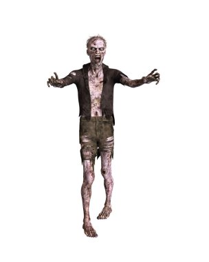 Zombi adam kollarını açmış, yırtık pırtık giysiler içinde seyirciye doğru yürüyor. 3d illüstrasyon beyaz arkaplanda izole edildi.