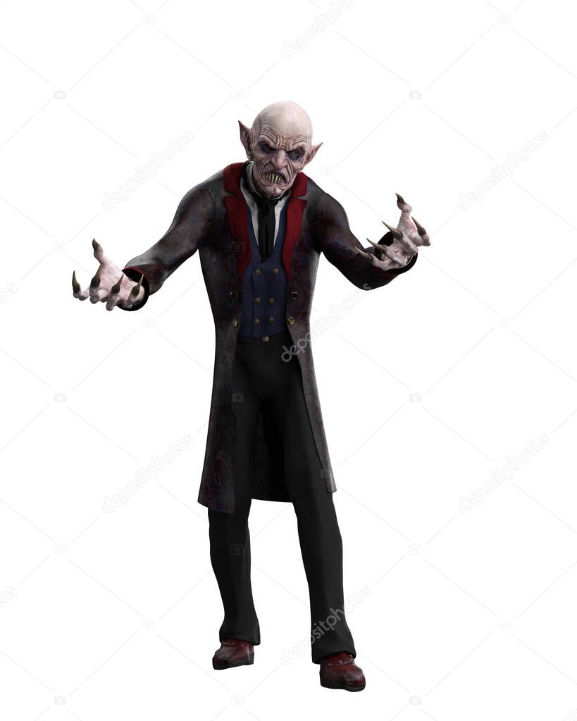 Vampire walking towards the viewer with hands outstretched. 3d illustration isolated on white background.