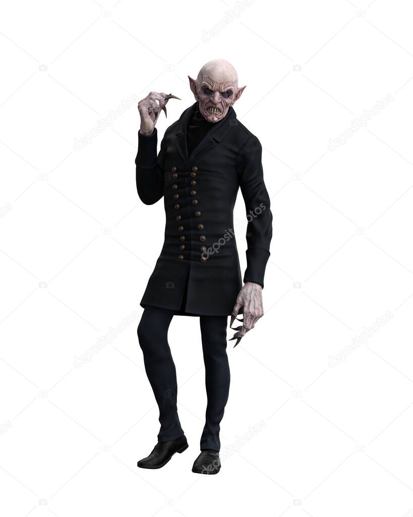 Vampire standing in thoughtful pose. 3d illustration isolated on white background.