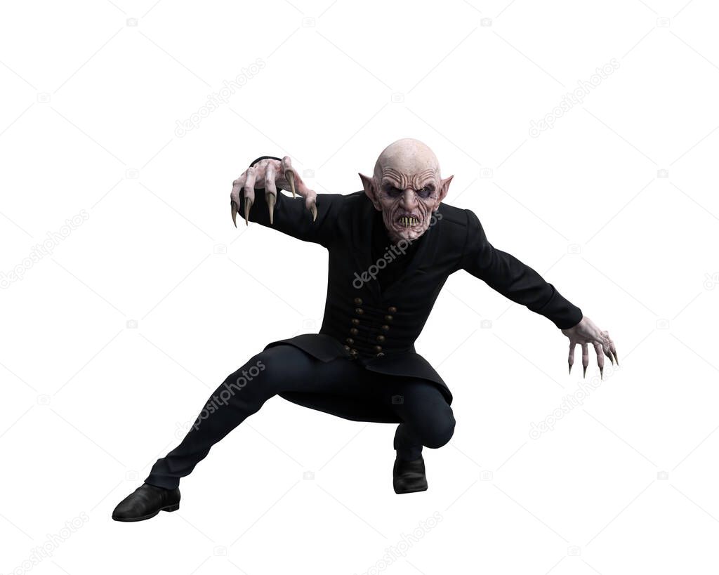 Vampire undead creature crouching in a creepy pose. 3d illustration isolated on white background.