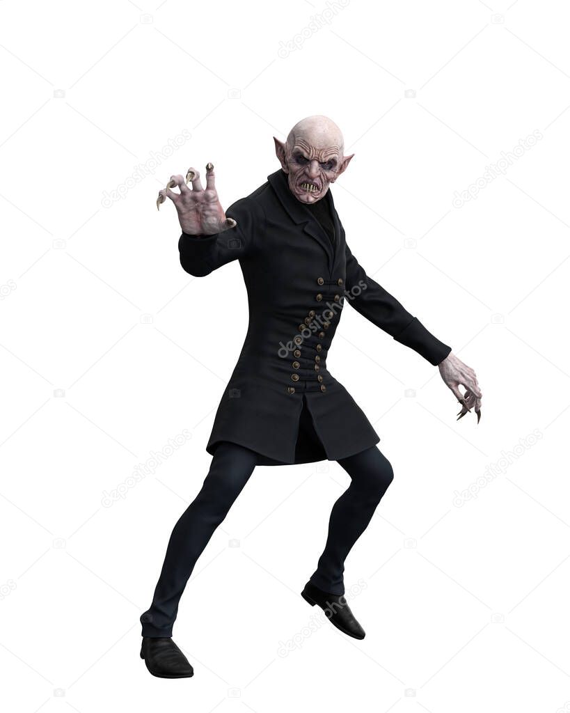 Vampire fantasy horror character in vintage suit. 3d illustration isolated on white background.