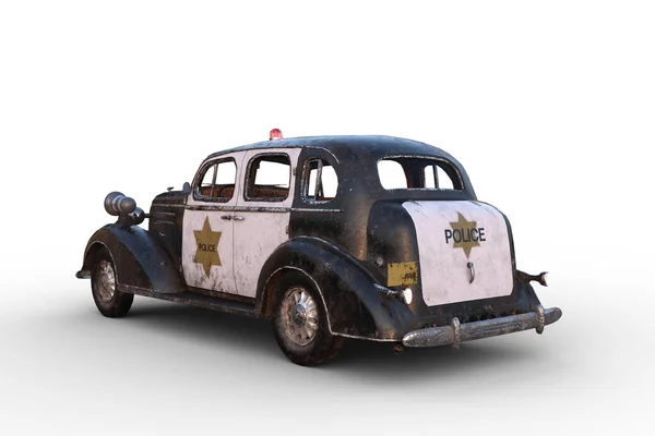 Visão Canto Traseiro Velho Carro Polícia Preto Branco Sujo Enferrujado — Fotografia de Stock