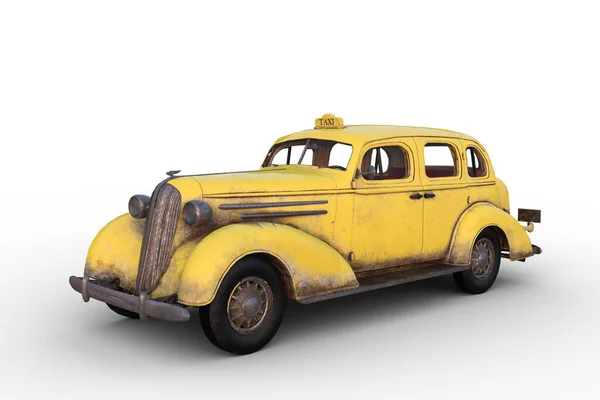 Vecchio Taxi Giallo Vintage Arrugginito Illustrazione Isolata Sfondo Bianco — Foto Stock