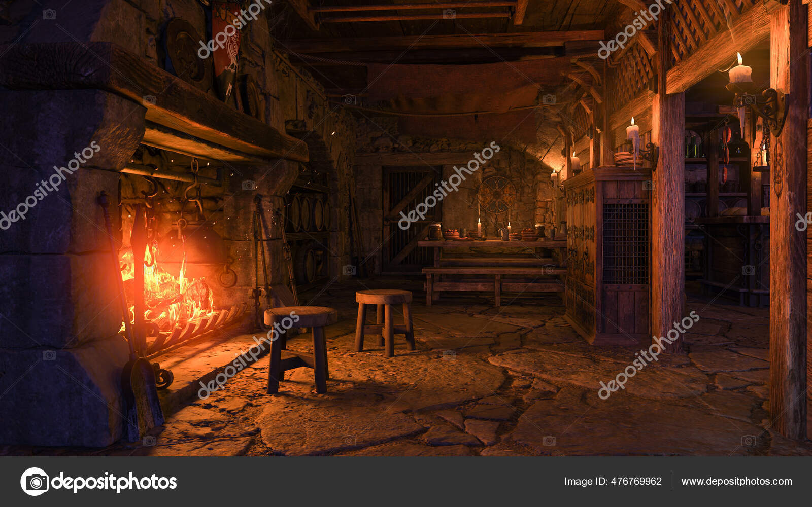 Interior Medieval Tavern Lit Candle Light Fire Burning Fireplace Illustration Stock Photo by