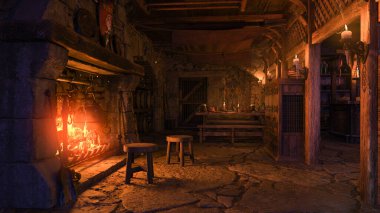 Interior of a medieval tavern lit by candle light and a fire burning in the fireplace. 3D illustration. clipart