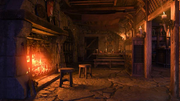 Interior Medieval Tavern Lit Candle Light Fire Burning Fireplace Illustration — Stock Photo, Image