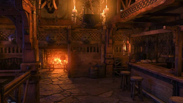 Medieval Tavern Bar Interior Lit Candle Light Fire Burning Fireplace — Stock Photo, Image