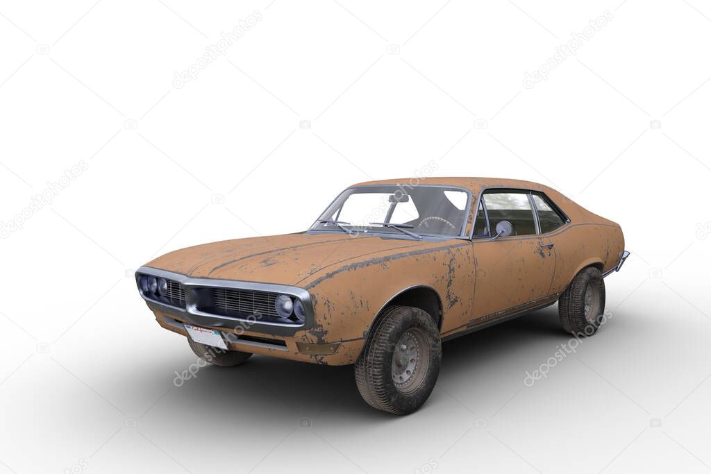 Old rusty yellow retro American muscle car. 3D illustration isolated on a white background.