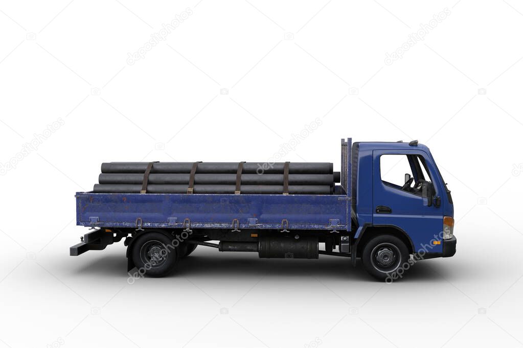 Side view of a blue flat bed truck loaded with pipes for constructions. 3D illustration isolated on a white background.