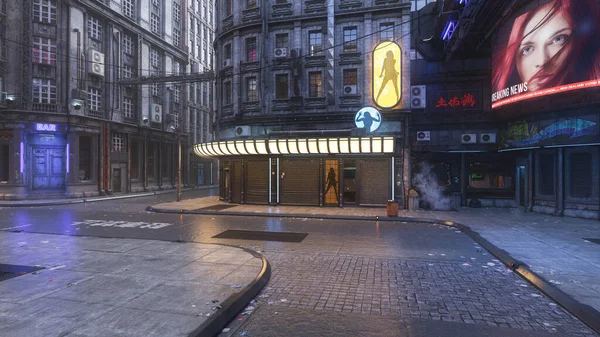 Berbat bir kentsel alanda karanlık, fütürist bir sokak sahnesi. Siber punk teması 3D illüstrasyon.