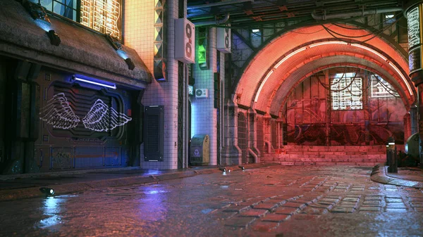 Fütürist bir siber punk şehrinde gece ıslak bir sokak. 3B illüstrasyon.