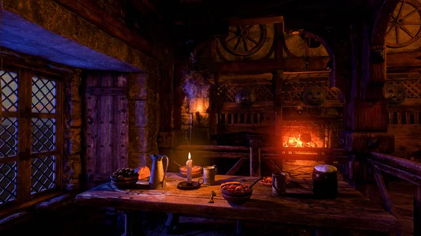 Interiér Vykreslení Středověké Taverny Nebo Hostince Osvětlené Svíčkami Noci Jídlem — Stock fotografie