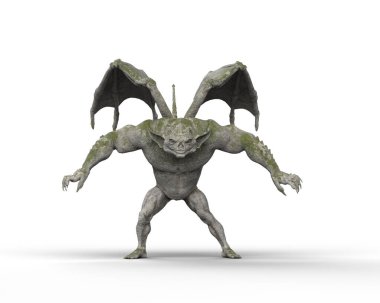 Gargoyle mitolojik fantezi yaratığı. Beyaz arkaplanda izole edilmiş 3B illüstrasyon.