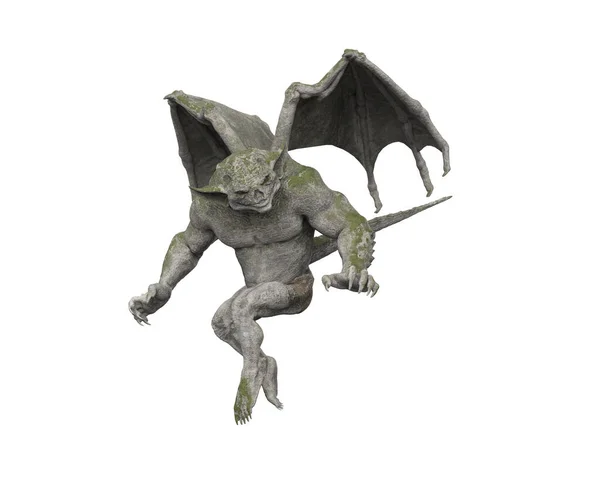 Gargoyle Fantasie Mos Bedekt Steen Wezen Illustratie Geïsoleerd Een Witte — Stockfoto