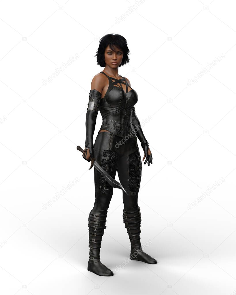 Beautiful young dark haired woman in black leather outfit holding a long dagger. 3D illustration isolated on a white background.