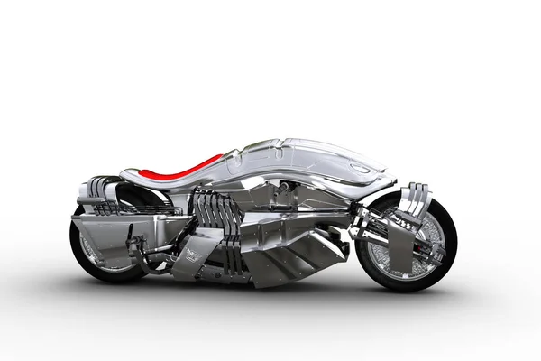 Side View Futuristic Cyberpunk Style Silver Motorcycle Illustration Isolated White — Stock Photo, Image
